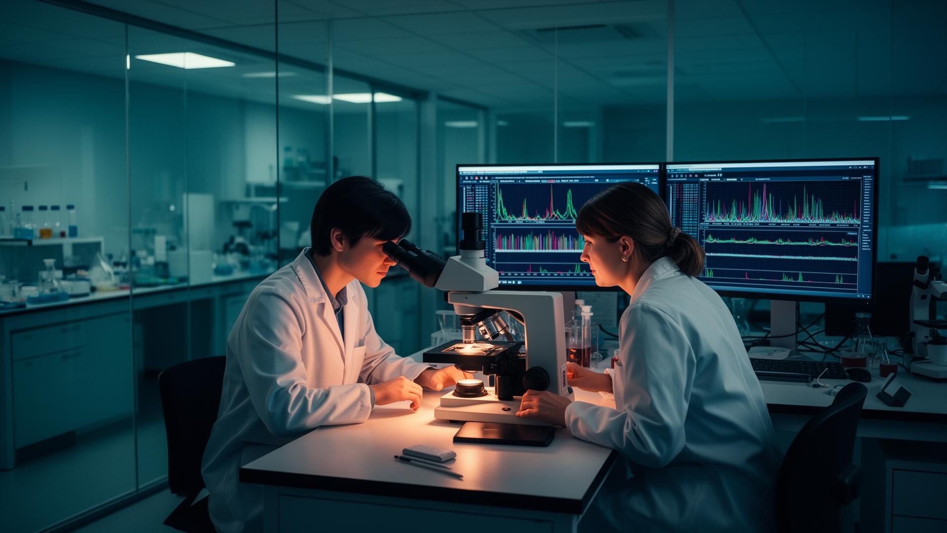 Apex Innotech scientists collaborating at a microscope and DNA sequencing display in the New Zealand lab